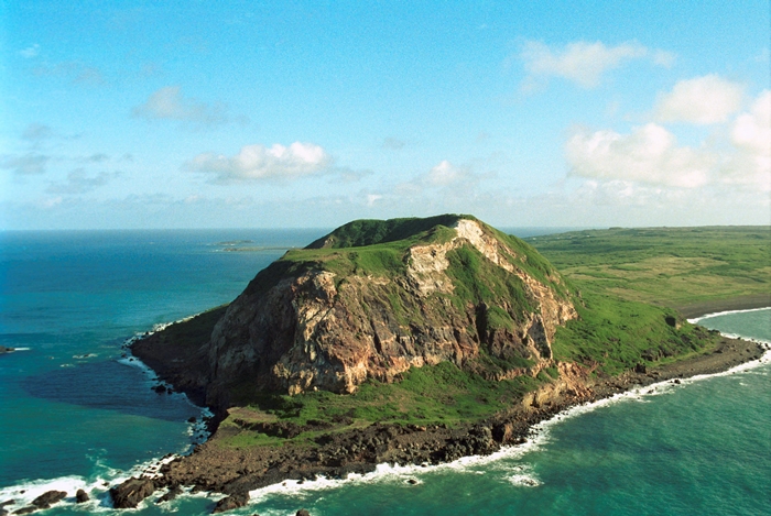 Aerial view of Mount Surabuchi on the Island of Iwo Jima, Japan.