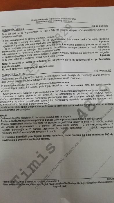 subiecte simulare romana