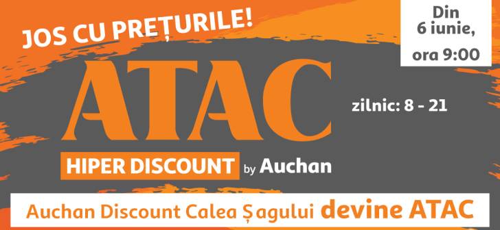 Din 6 iunie, Auchan inaugureaza ATAC Hiper Discount la Calea Sagului. Din 6 iunie, Auchan inaugureaza ATAC Hiper Discount la Calea Sagului.