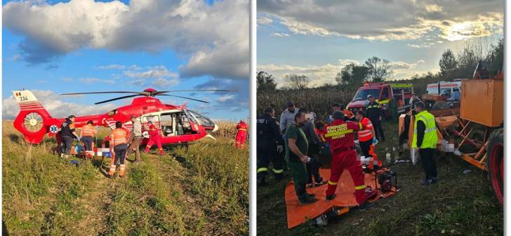 Barbat prins cu picioarele intr-un utilaj de cules porumb in Timis, intervenție SMURD