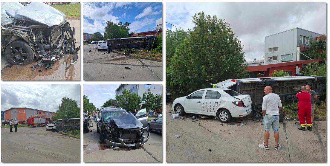 Accident cu 3 vehicule la Timișoara, provocat de o șoferiță tânără. Un tânăr s-a răsturnat cu autoutilitara în urma impactului.
