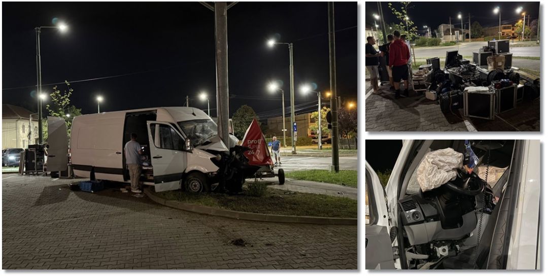 La Timișoara, un adolescent de 17 ani a furat o mașină cu echipamente de sonorizare și s-a izbit de un stâlp, fiind urmărit de poliție. FOTO