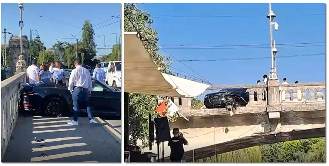 Confruntare între clanuri pe Podul Mihai Viteazul. Șofer arestat după coliziunea violentă și distrugerea balustradei istorice. VIDEO
