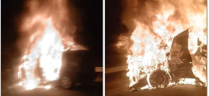 Mașină cuprinsă de flăcări pe un pod din Timișoara, arsă complet.